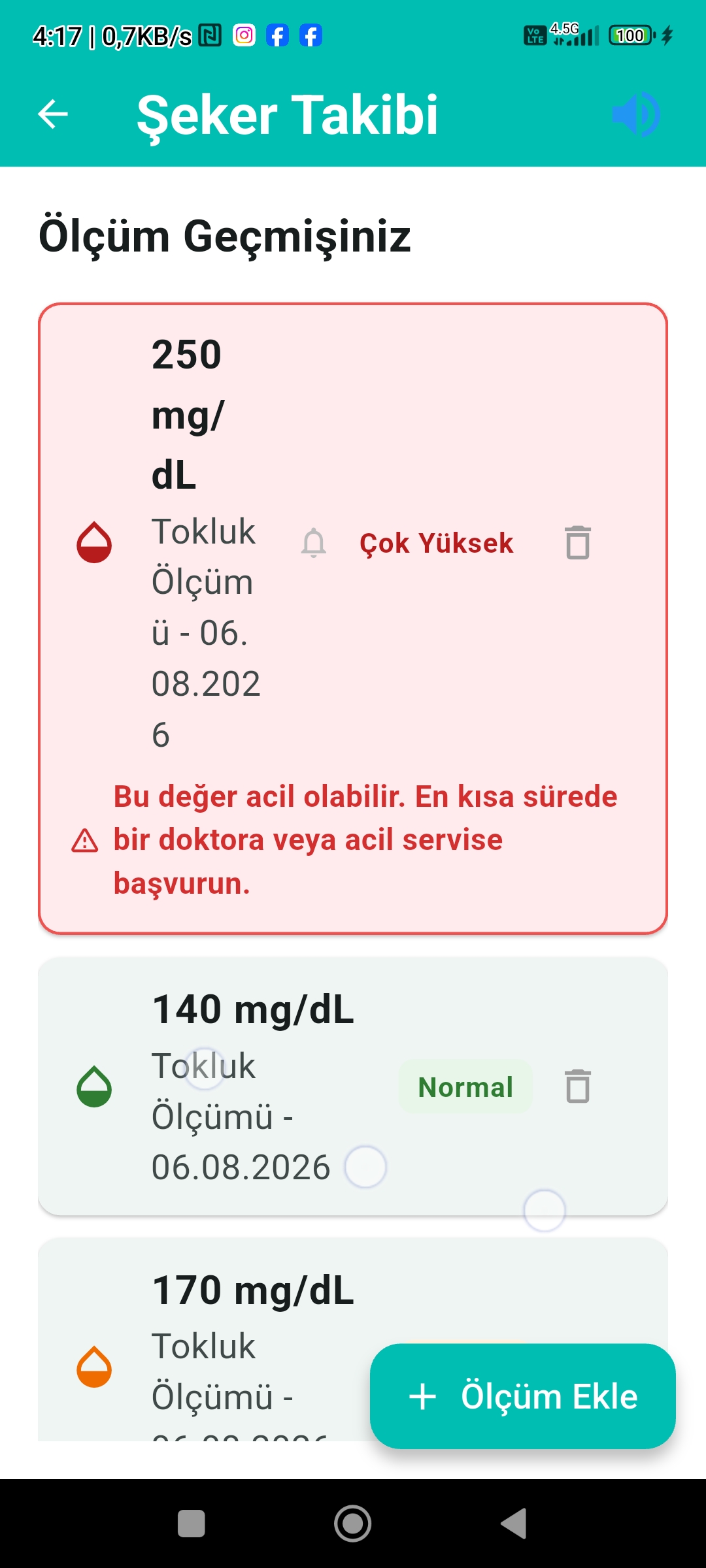 Şeker takibi ekranı