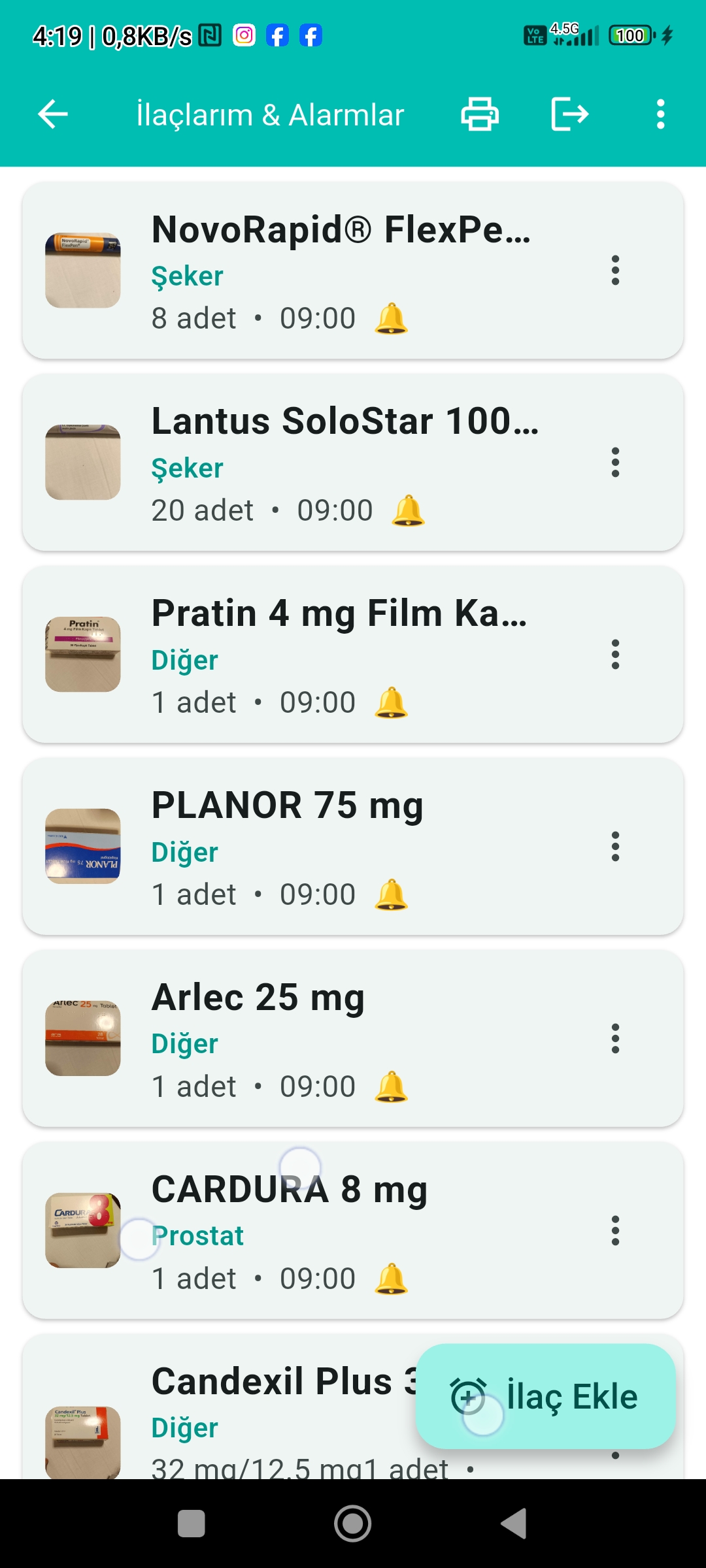 İlaçlarım ekranı