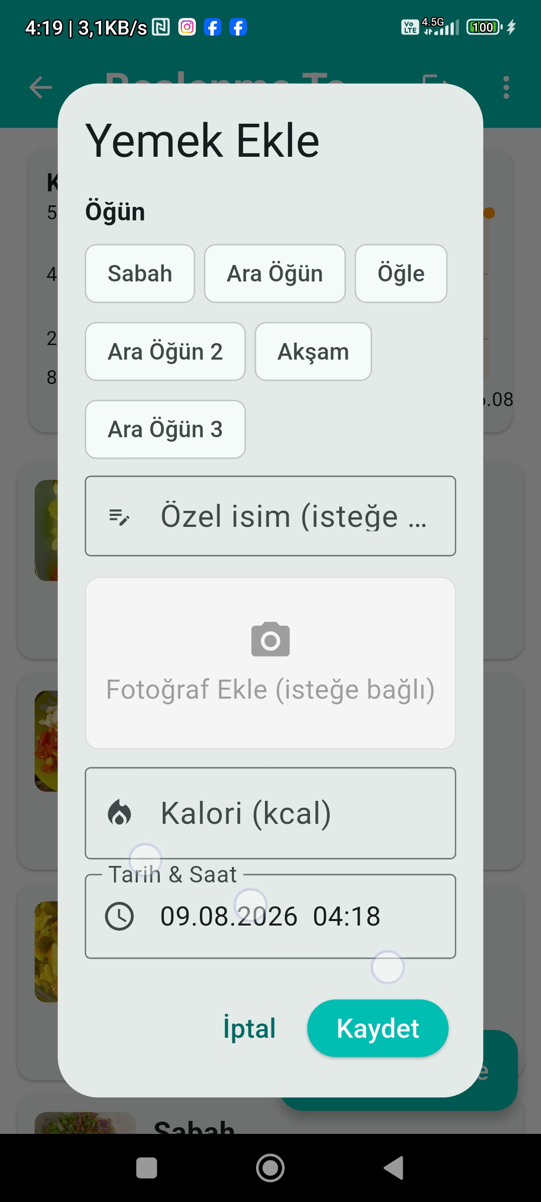 Yemek ekle ekranı